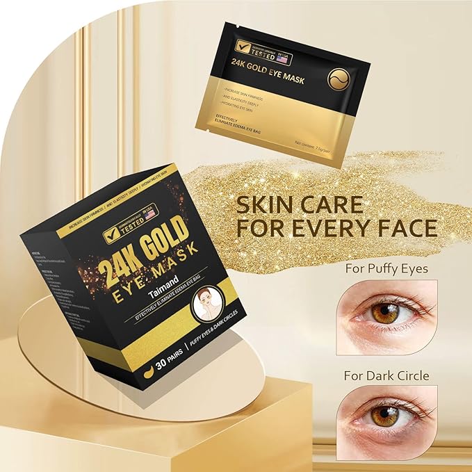 Under Eye Patches (30 Pairs), 24K Gold Under Eye Mask for Puffy Eyes, Dark Circles,Bags and Wrinkles with Collagen,Relieves Pressure and Reduces Wrinkles,Revitalises and Refreshes Your Skin