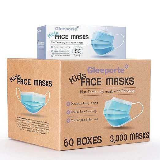Gleeporte [3000 Kids Masks] Children's Size Single Use Disposable Kids Face Mask, Boys and Girls, Soft on Skin, Bulk Pack 3-Ply Masks | Facial Cover with Elastic Earloops For Childcare, School