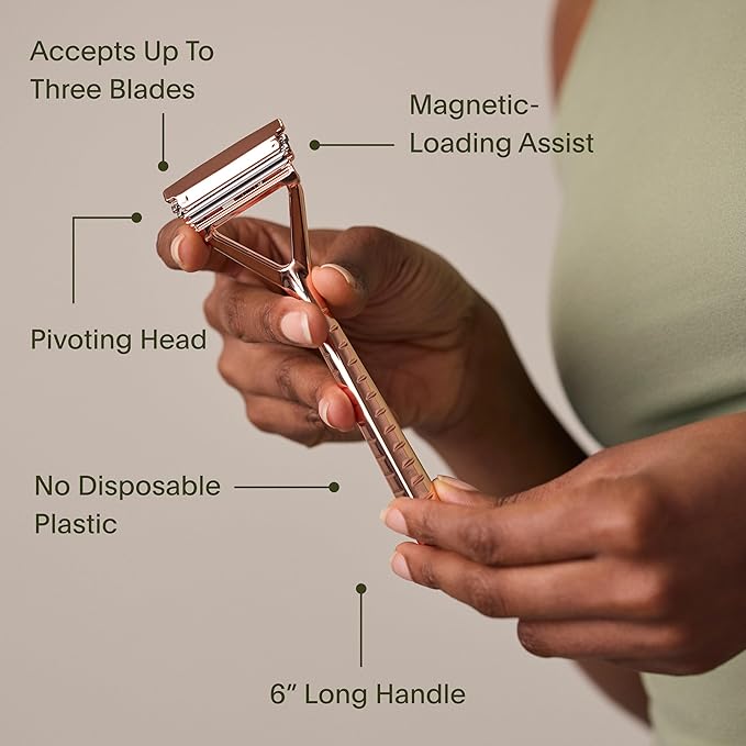 Leaf Shave | Leaf Razor Set, All-Metal Safety Razor with Pivoting Head & Adjustable Blade Loading, Includes Matching Stand, 50 Single-Edge Refills, and Recycling Bank for Used Blades - Rose Gold