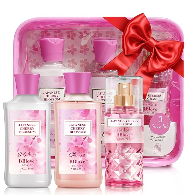 Bath and Body Gift Set for Women & Girls, Japanese Cherry Blossom, 3PCS Set for - Shower Gel, Body Lotion, Body Mist, Body Care Travel Set
