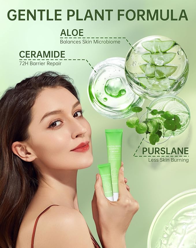 Painless Facial Hair Removal Cream for Women - Sensitive Skin 2-in-1 Kit with Soothing Cream | Upper Lip & Chin Hair Remover | At-Home Depilatory (4 Min, 7 Days Smooth),2.03 Fl Oz