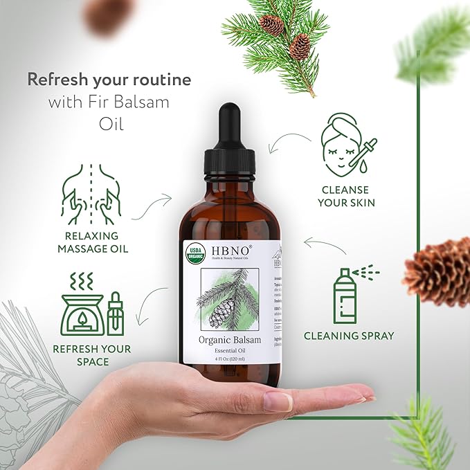 HBNO Organic Fir Balsam Essential Oil - Huge 4 oz (120ml) Value Size - USDA Certified Organic Fir Balsam Oil, Perfect for Aromatherapy, Soap Making, DIY, Fragrances, Diffuser
