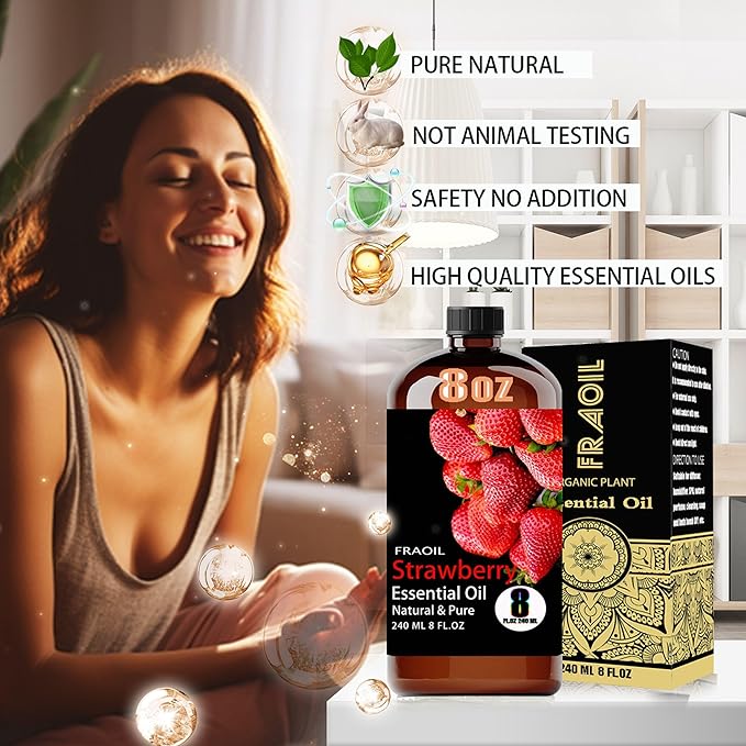 Strawberry Essential Oil, Strawberry Oil 8 Fl Oz 240ML for Diffuser Humidifier Yoga Cleaning DIY Candle Soap Making Perfume Gift for Women Essential Oils