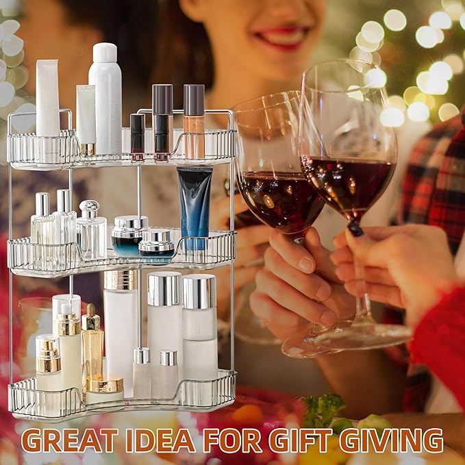 YCIA&DONE Corner Bathroom Counter Organizer, Makeup Organizer for Vanity, Skincare Cosmetic Perfume Tray, Corner Countertop Shelf Rack Storage for Bathroom Kitchen 3Tiers (Smoky Gray)