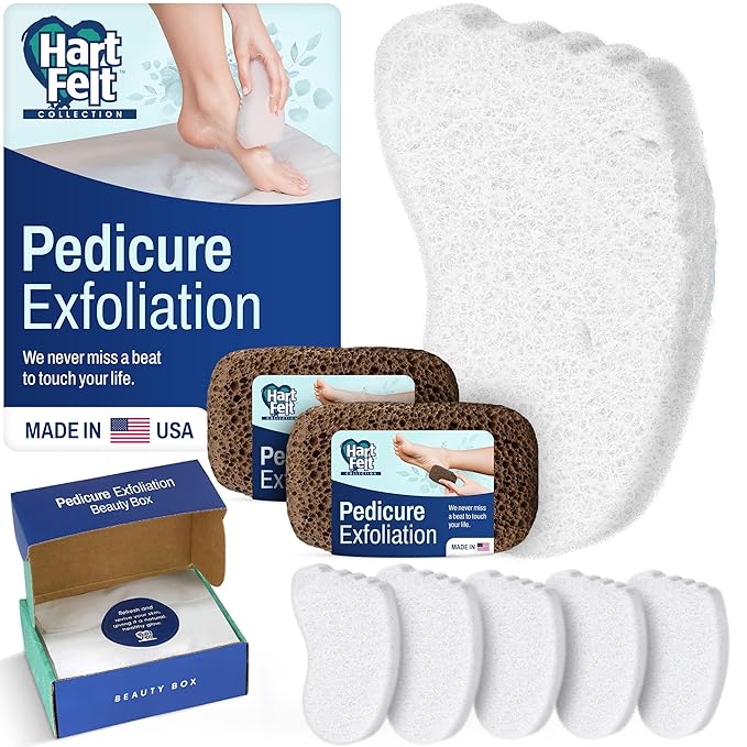 HartFelt Pedicure Exfoliation Beauty Box with 6 Exfoliating Foot Scrubber Bath Sponges & 2 Magic Pumice Stone for Feet Callus Remover | Gentle Sponge Pad & Foot Scrubbing Stone for Deep Cleansing
