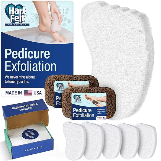 HartFelt Pedicure Exfoliation Beauty Box with 6 Exfoliating Foot Scrubber Bath Sponges & 2 Magic Pumice Stone for Feet Callus Remover | Gentle Sponge Pad & Foot Scrubbing Stone for Deep Cleansing