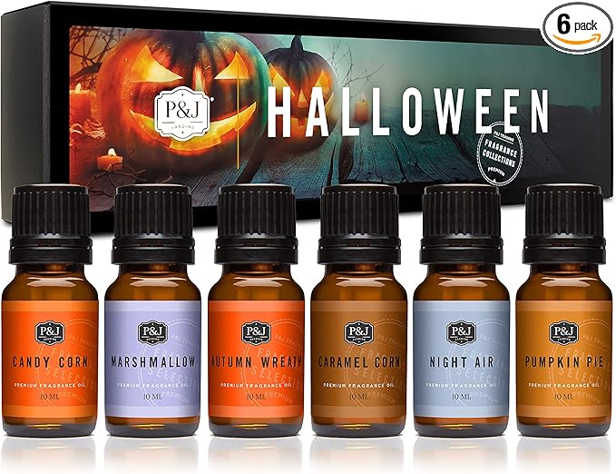 P&J Fragrance Oil Halloween Set | Autumn Wreath, Pumpkin Pie, Candy Corn, Marshmallow, Night Air, and Caramel Corn Candle Freshie Scent for Candle Making, Soap Making Supplies