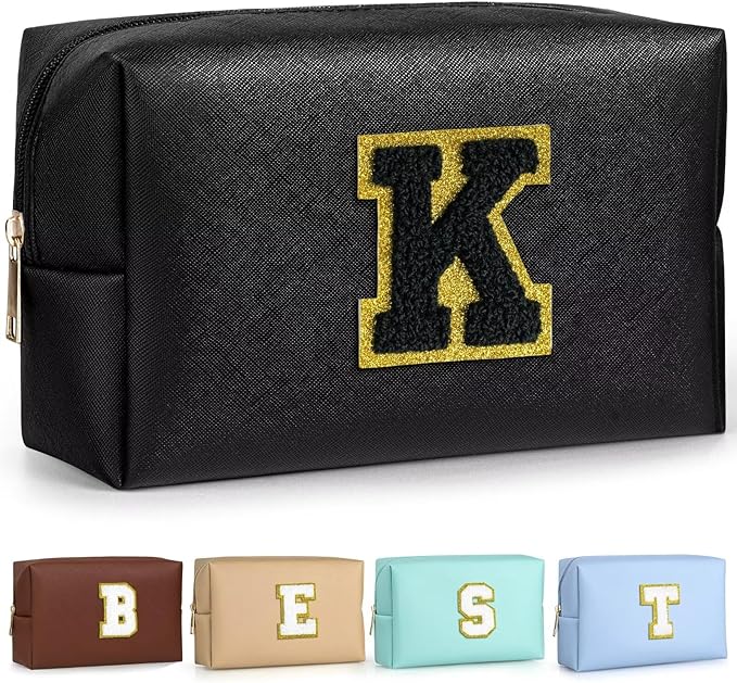 TOPEAST Initial Cosmetic Bag, PU Leather Waterproof Travel Toiletry Bag, Monogrammed Gifts for Women, Personalized Birthday Gift for Sister Friends, Cute Stuff for Girls (Black K)