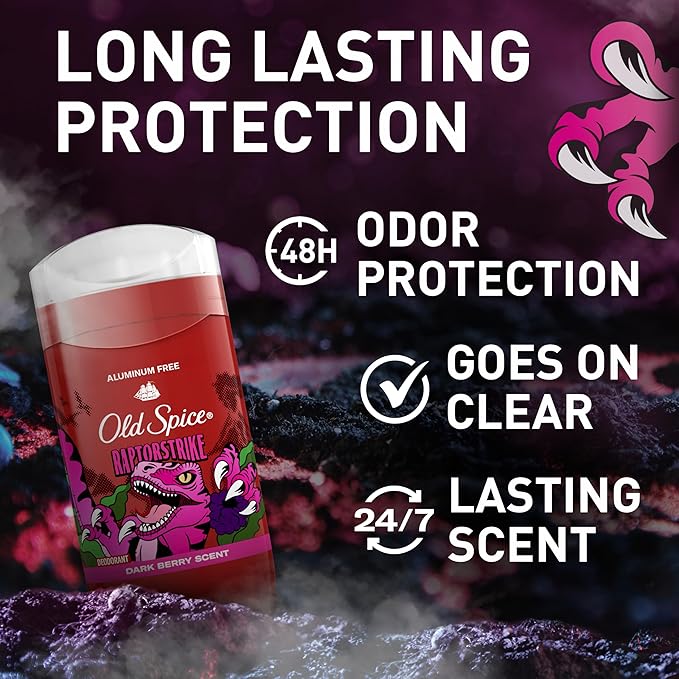 Old Spice Aluminum Free Deodorant for Men, 24/7 Odor Protection, 24/7 Freshness & Lasting Scent, Goes on Clear, Raptorstrike with Dark Berry Scent, 3.0 oz (Pack of 3)