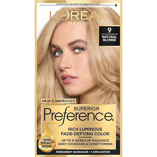 L'Oreal Paris Superior Preference Luminous Fade-Defying Permanent Hair Color, Hair Dye For Up to 9 Weeks of Radiance, Natural Blonde 9, 1 Hair Dye Kit