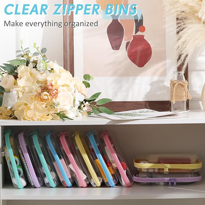 Sanwuta 10 Pcs Hard Zipper Case Clear Hard Pouches Plastic Zipper Pencil Box Toy Storage Bins Portable Plastic Container for Travel Toiletry Office Cosmetic Block Puzzle Organizer (M,Macaron Color)