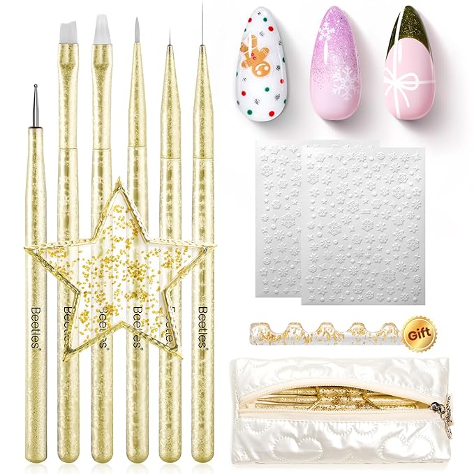 Beetles Christmas Nail Art Brushes 6pcs – Golden Gleam Nail Art Tools Liner Brushes for Nails Dotting Tool Gradient/French/Petal Manicure Design Pen with Star Palette Holder Nails Stickers Pouch Bag