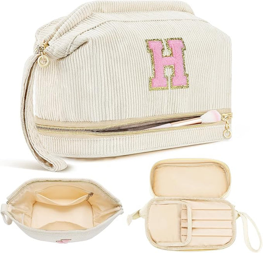 Makeup Bag for Girls Gift, Personalized Christmas Gifts Initial Women Makeup Bag for Travel, Double Layer Cosmetic Bag with Brush Organizer Preppy Make up Bag for Teen Girl Trendy - H