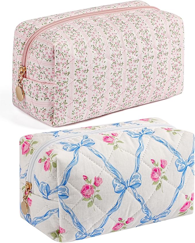 Makeup Bag Travel Cosmetic Bag for Women Girls, Zipper Make Up Pouch, Floral Flowers Toiletry Organizer Makeup, Portable Storage Bag, Cosmetic Travel Cloth Bag (Pink+Blue Bowknot)