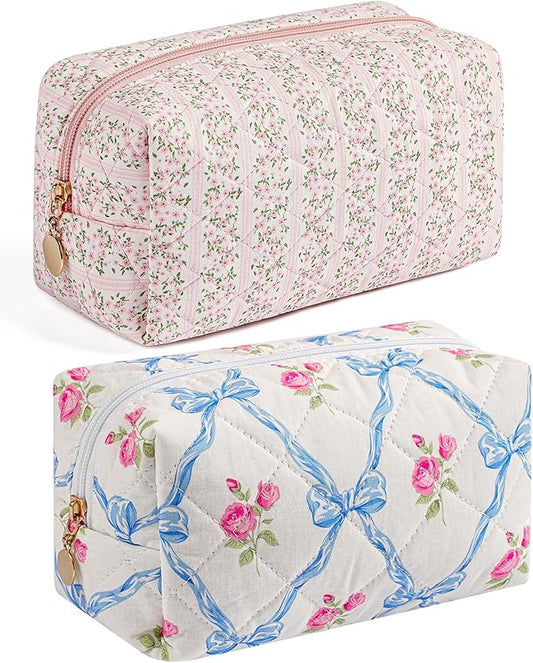 Makeup Bag Travel Cosmetic Bag for Women Girls, Zipper Make Up Pouch, Floral Flowers Toiletry Organizer Makeup, Portable Storage Bag, Cosmetic Travel Cloth Bag (Pink+Blue Bowknot)
