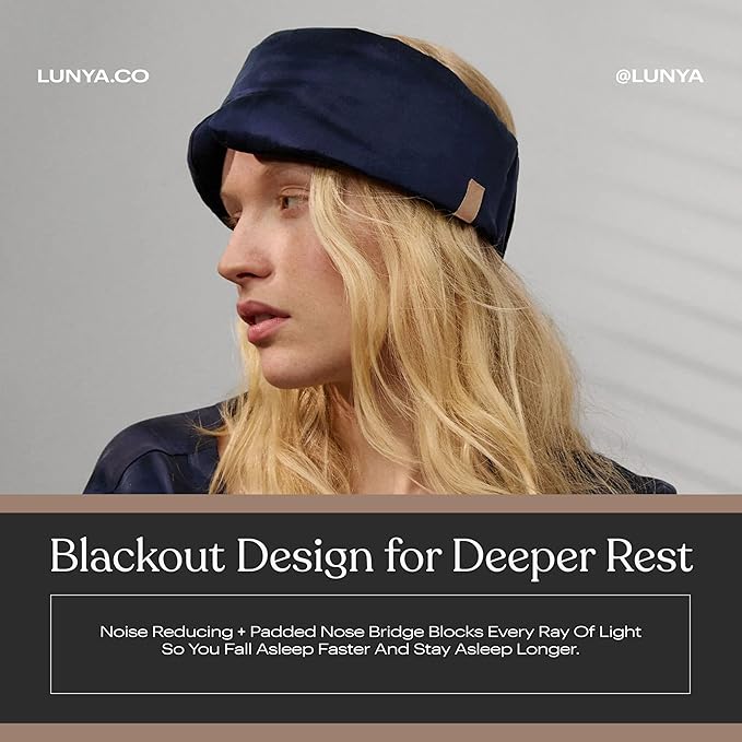 Lunya Sleep Mask with Box - Washable Silk Sleeping Mask and Headband for Beauty Routines - Thermoregulating Comfort for Restful Nights - Silk Eye Mask for Women - Small - Deep Blue