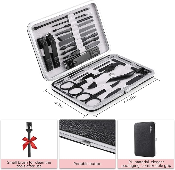 Manicure Set, Jubolion 19pcs Stainless Steel Professional Nail Clippers Pedicure Set with Black Leather Storage Case, Portable Grooming Kit for Travel or Home, Perfect Gifts Women and Men (Black)