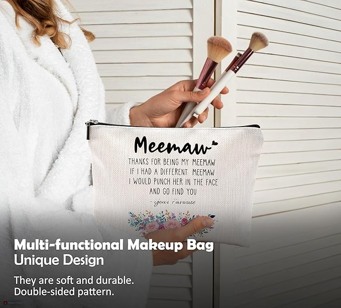 Funny Meemaw Gifts Makeup Cosmetic Bag - Memaw Mothers Day Gift, Memaw Grandma Gifts from Grandkids, Memaw Birthday Gifts, Best Grandma Gifts, Meemaw Floral Small Makeup Bag for Purse