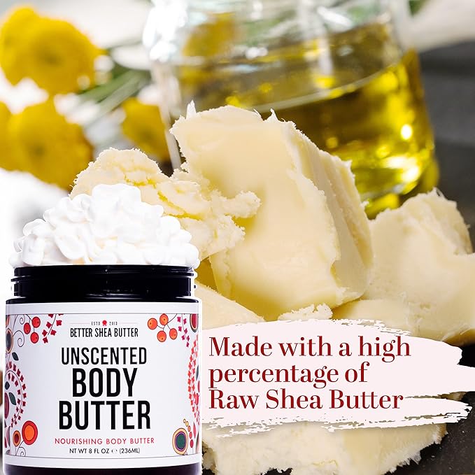 Unscented Body Butter for Dry Skin | with Raw Shea Butter and Jojoba Oil | Deep Moisturizer Safe for Sensitive Skin, Non Greasy, Fragrance Free | 8 oz