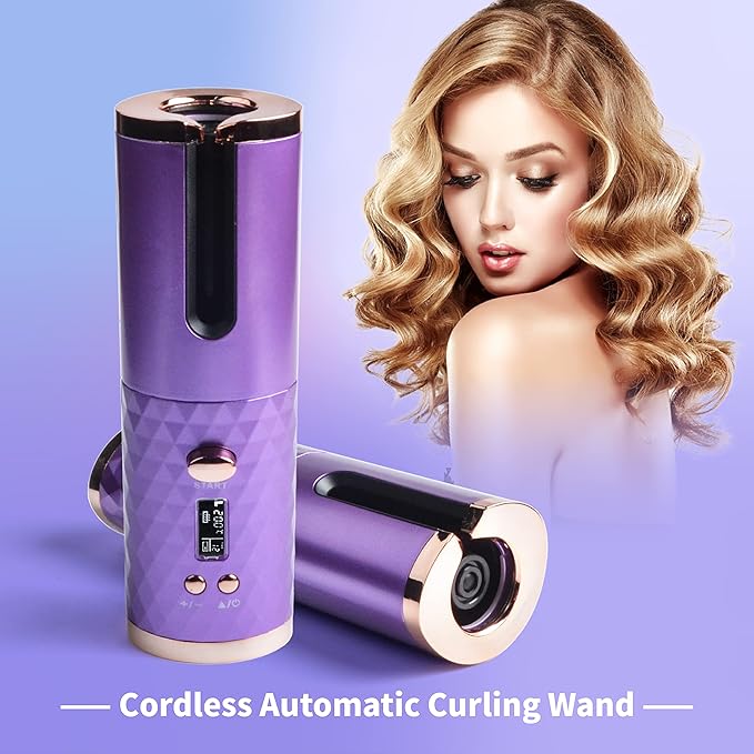 Automatic Curling Iron, Hair Curling Iron for Hair Styling, Cordless Auto Hair Curler, with 6 Temps and Timers, Auto Shut-Off, Fast Heating, Rechargeable Cordless Hair Curler 1 (Purple)