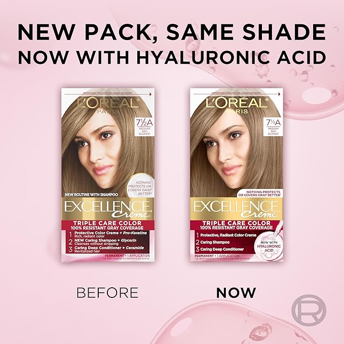 L'Oreal Paris Excellence Crème Permanent Hair Dye, Triple Care Hair Color with Pro-Keratine Complex for 100% Gray Hair Coverage, 7.5A Medium Ash Blonde, 1 Kit