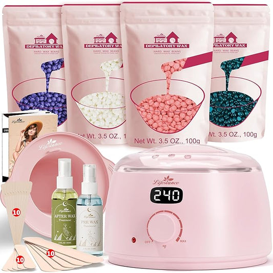 Lifestance Waxing Kit for Women & Men - Pink L3 Digital Warmer, Silicone Wax Pot Liner, Hair Removal Kit with 14.1oz Hard Wax Beads & Oil Spray, Professional for Home Brazilian Bikini Face Leg Body