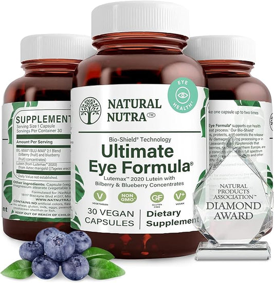 Natural Nutra Ultimate Eye Health Supplement - Bilberry & Blueberry Extract Blend for Day and Night Vision Support, Promotes Color Perception & Eye Clarity - Non-GMO, Gluten-Free, Vegan - 30 Capsules