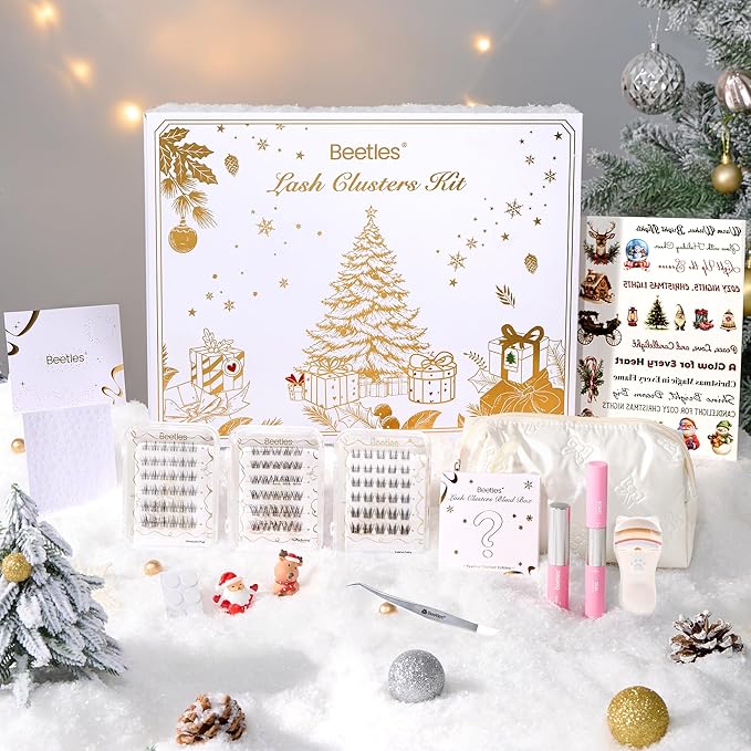 Beetles Christmas Lash Clusters Kit – DIY Eyelash Clusters Gift Set with Bond & Seal, Remover, Stickers & Makeup Bag, 3 Styles and 1 Random Holiday Style Lashes Beginner-Friendly Gift for Women