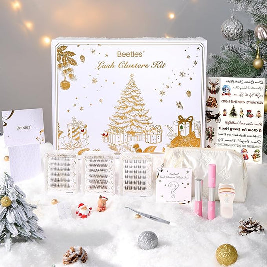 Beetles Christmas Lash Clusters Kit – DIY Eyelash Clusters Gift Set with Bond & Seal, Remover, Stickers & Makeup Bag, 3 Styles and 1 Random Holiday Style Lashes Beginner-Friendly Gift for Women