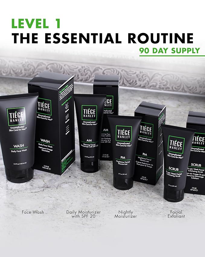 Tiege Hanley 90 Day Large Skin Care Set for Men, Essential Routine, System Level 1, Daily Face Wash, Facial Scrub, Moisturizer With SPF, and Night Cream for Healthy Skin, Men’s Skin Care, 4 Piece Kit