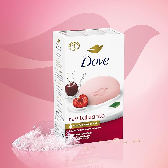 Dove Beauty Bar Soap Revitalizante Cherry & Chia Milk, for Revitalized Skin, 6 Bars A Skin Energy Boost 3.75 oz