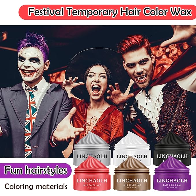 6 Colors Temporary Hair Color Wax,Instant Hair Coloring Wax Mud for Women & Men,Temporary Hair Wax Color Hair Dye for Festivals Clubs Party Cosplay Halloween（Red Purple Brown White Black Gray）