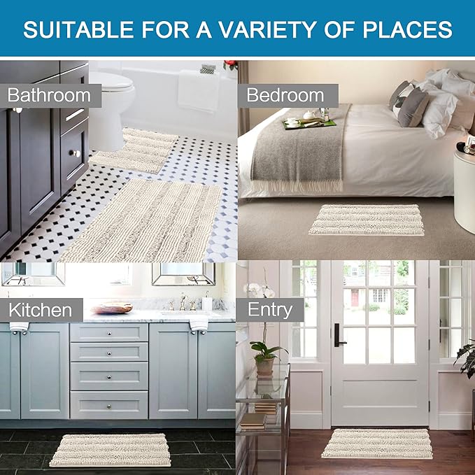 H.VERSAILTEX Bathroom Rugs Bath Rug Set 2 Piece Bathroom Contour Rug Toilet Mat Sets Non Slip Contour Bath Rug Ultra Thick Water Absorbent Striped Bath Mats Washable(36" x 24" Plus 20" x 24" U, Ivory)