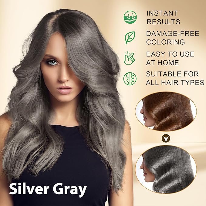 At-Home Hair Dye Shampoo in Silver Gray - 3-in-1 Root to Tip Coloring & Care, Natural Hair Color Shampoo for Women & Men, Gentle Covers Gray Hair in Minutes, Formulated for All Hair Types, 16.9 Fl Oz
