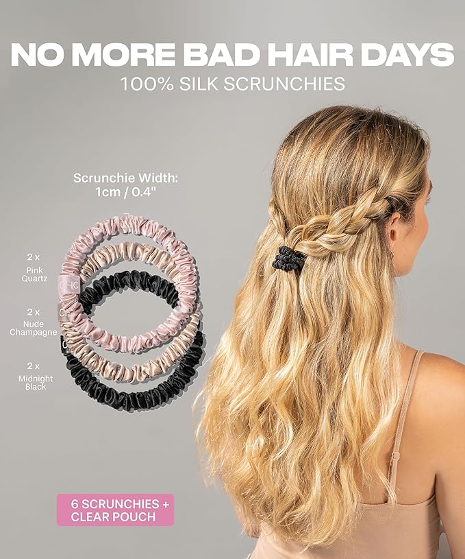 Ch. SKINNIES-6 Silk Scrunchies Set - Premium 22 Momme Handmade Hair Accessories, Soft Pure Silk Hair Ties & Sleep Scrunchies for Women | STYLE: Our Best Sellers