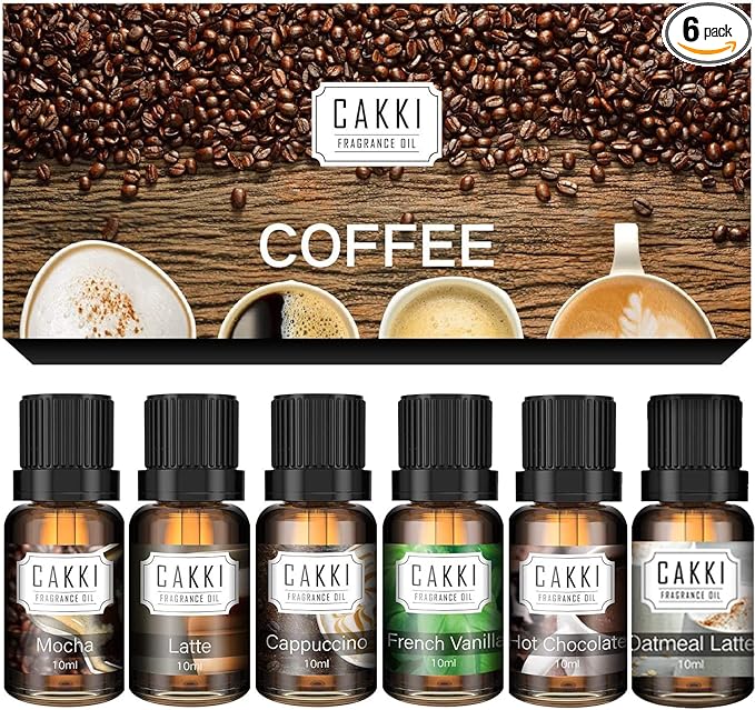 Coffee Essential Oils Set for Diffuser, 6 x10ml, Cakki Fragrance Oils Gift Set with Mocha, Latte, Cappuccino, Hot Chocolate, Vanilla, Oatmeal Latte. for Candle Making