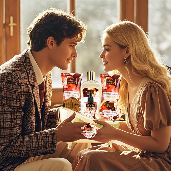 Fresh Rose Spa Gift Set for Women, 8-Piece Relaxing Bath Set with Shower Gel, Bubble Bath, Body Lotion, Self Care Gift for Any Occasion, Birthday Gifts for Women, Spa Kit for Mom Gifts