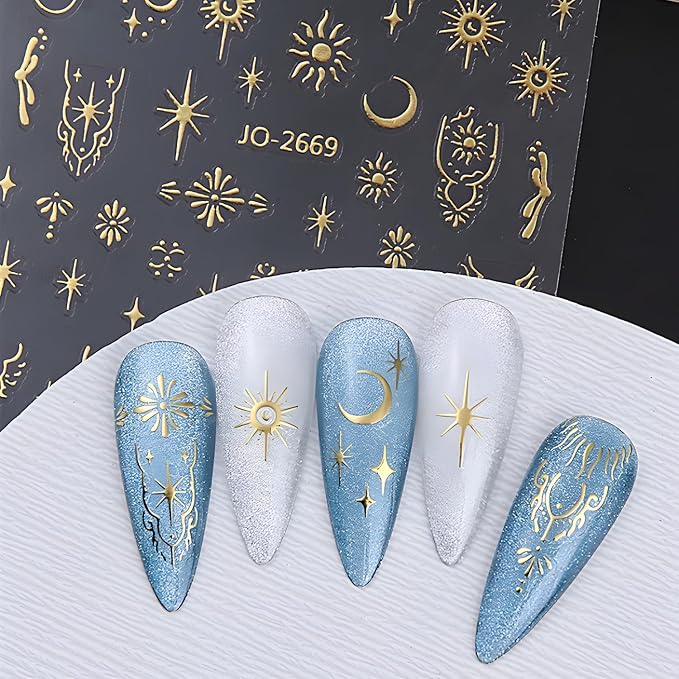 12 Sheets Silver Gold Moon Star Nail Art Stickers - 3D Self Adhesive Decals for Design and Decoration - Supplies Accessories for Women