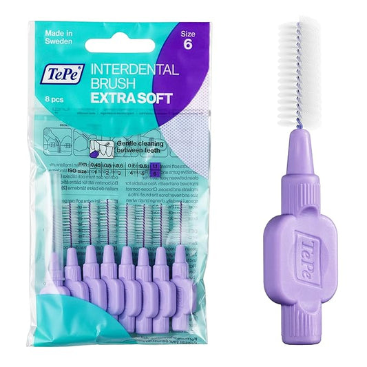 TePe Interdental Brush Extra Soft, Supersoft Dental Brush for Teeth Cleaning, Pack of 8, 1.1 mm, Large Gaps, Purple, Size 6