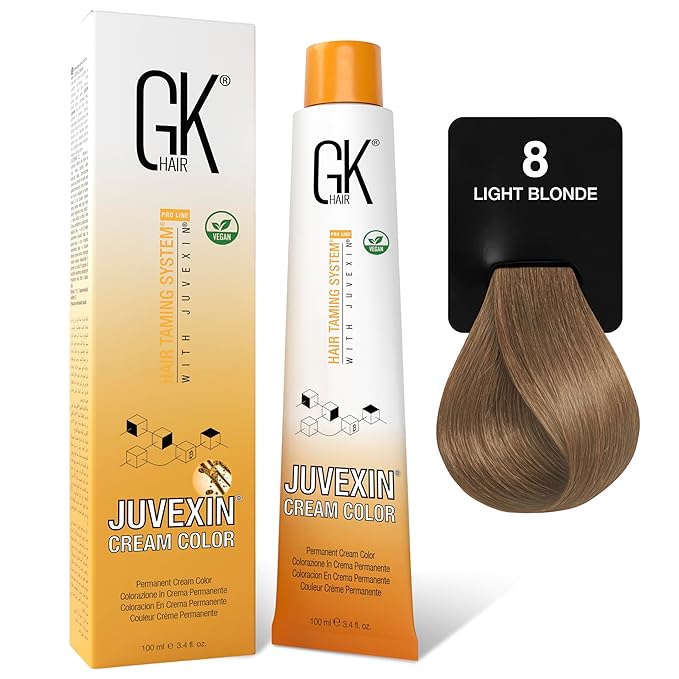 Global Keratin GK HAIR Professional Hair Color Cream Tube 3.4 Fl Oz Nourishing & Cleansing Colors for Styling High Performance Long Lasting Permanent Natural Toner Dye, Naturals - 8 Light Blonde