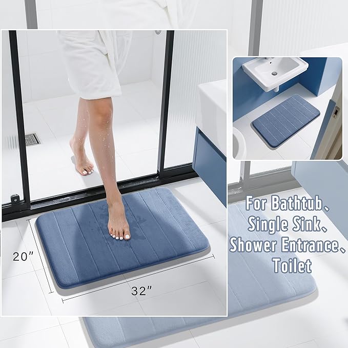 Yimobra Memory Foam Bath Mat, Super Soft Absorbent Bathroom Rug Non Slip 31.5x20 Inch, Quick Dry, Machine Washable Floor Carpet for Tub Shower, Home Decor Accessories, Denim Blue