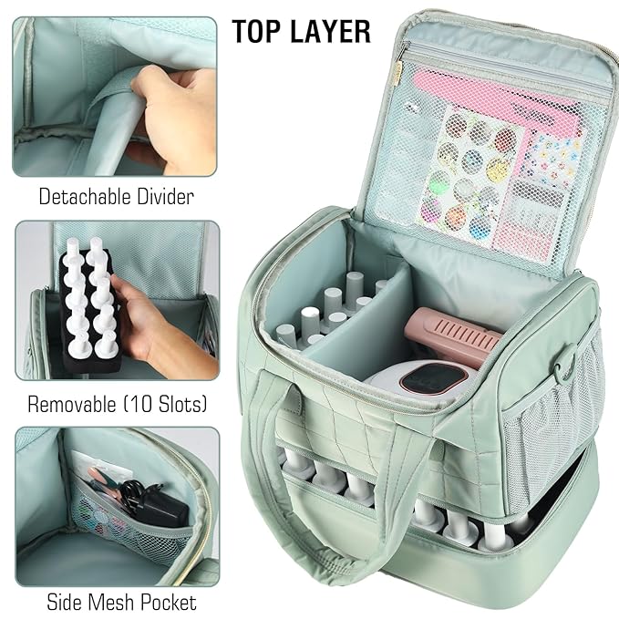 Nail Polish Organizer Case,Nail Storage Organizer Holds Nail Lamp & 50 Bottles Nail Polish,Nail Tech Travel Case,Nail Kit Organizer Bag Fits Nail Supplies & Manicure Tools,Green (Patented)