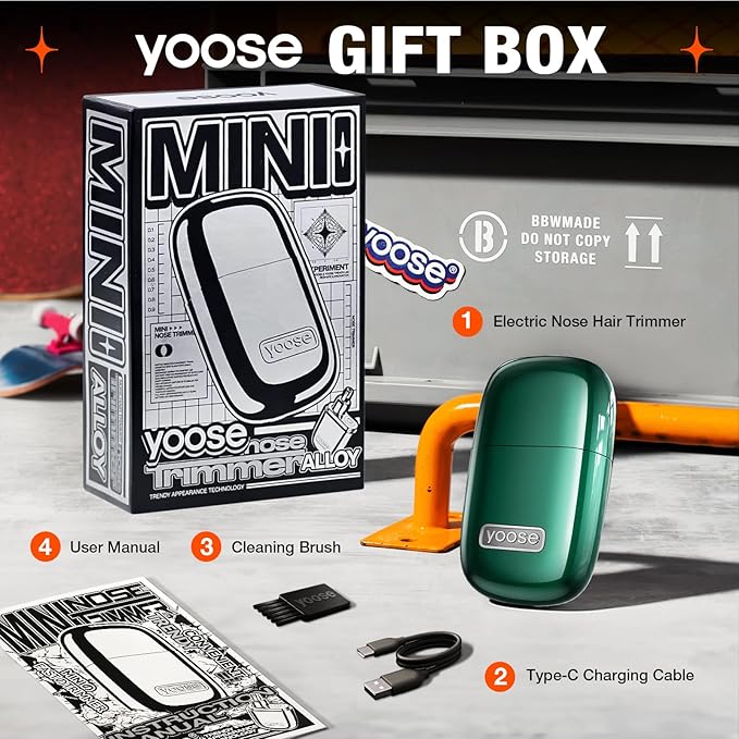 yoose Nose Hair Trimmer 2.0, Alloy Portable Painless Nose Hair Trimmer for Men Women, IPX7 Waterproof, Travel Size, USB-C Rechargeable Nose Trimmer with Dust Protection Cap, Dual Edge Blade, Green