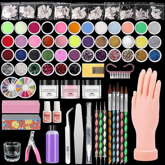 Practice Hand for Acrylic Nails, Fake Maniquin Training Hand for Nail Practice, 42 Colors Acrylic Powder Beginners Kit