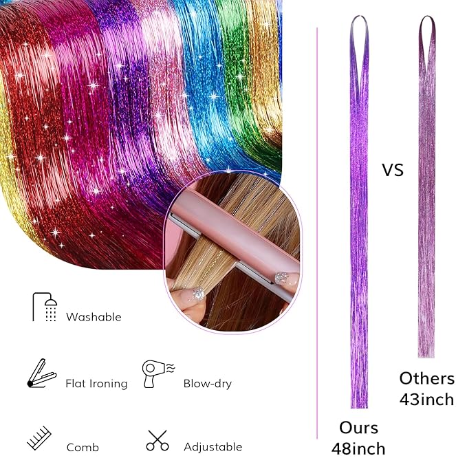 IDN BEAUTY 16 Colors Hair Tinsel Kit, 48 Inches Hair Extensions, Tinsel for Christmas Halloween Cosplay Party, Highlights Sparkling Hair for Girls Women Kids