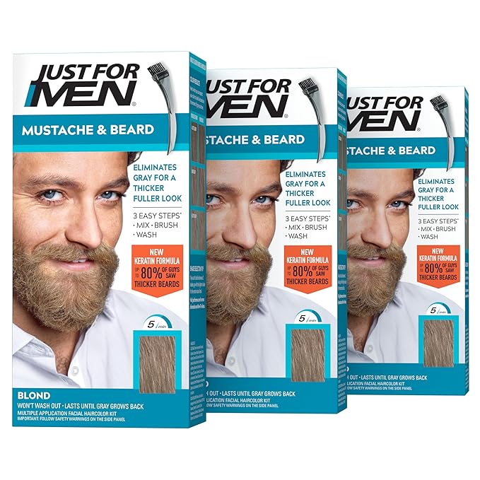 Just For Men Mustache & Beard, Beard Dye for Men with Brush Included, With Keratin Biotin Aloe and Coconut Oil for Healthy Facial Hair - Blond, M-10/15, Pack of 3 (Packaging May Vary)