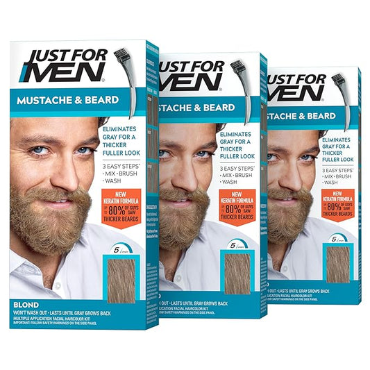 Just For Men Mustache & Beard, Beard Dye for Men with Brush Included, With Keratin Biotin Aloe and Coconut Oil for Healthy Facial Hair - Blond, M-10/15, Pack of 3 (Packaging May Vary)