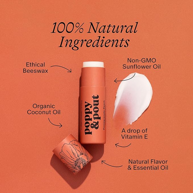 Poppy & Pout Lip Care Set | Lip Balm & Scrub | Sustainable Cardboard Tubes & Glass Jars, All Natural, Beeswax, Coconut Oil, Cruelty Free, Exfoliating & Moisturizing Lip Treatment (Pomegranate Peach)