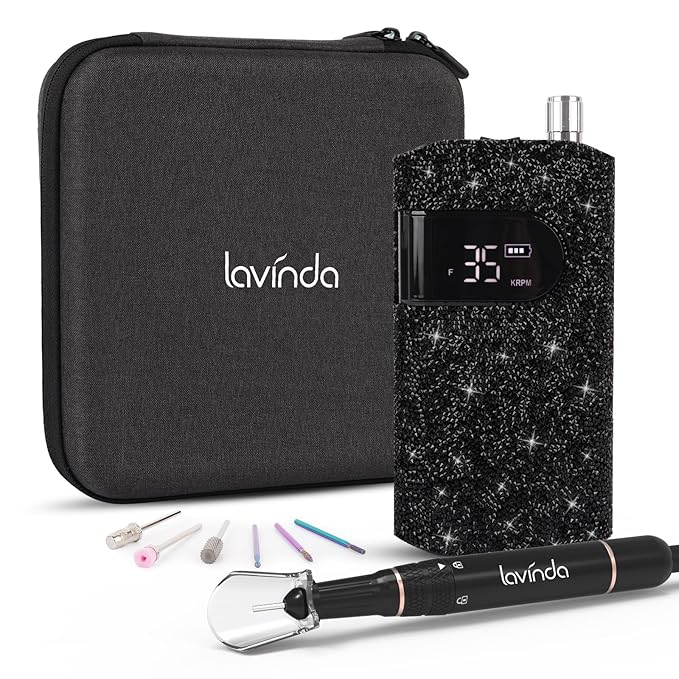 Lavinda Professional Electric Nail Drill Kit, 35000RPM Cordless Portable Machine for Acrylic Gel Nails, Rechargeable E File With Black Rhinestones, Manicure Tools (Black)