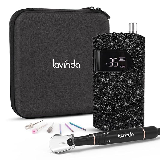 Lavinda Professional Electric Nail Drill Kit, 35000RPM Cordless Portable Machine for Acrylic Gel Nails, Rechargeable E File With Black Rhinestones, Manicure Tools (Black)